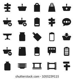 Flat vector icon set - plates vector, cutting board, jar, signpost, film frame, battery, message, table, shopping bag, basket