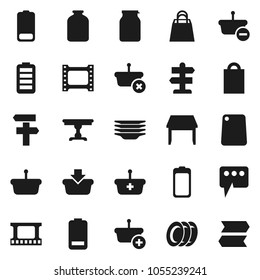 Flat vector icon set - plates vector, cutting board, jar, signpost, film frame, battery, message, table, shopping bag, basket