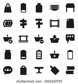 Flat vector icon set - plates vector, cutting board, jar, signpost, film frame, battery, message, table, shopping bag, basket