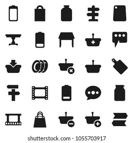 Flat vector icon set - plates vector, cutting board, jar, signpost, film frame, battery, message, table, shopping bag, basket