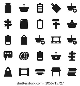 Flat vector icon set - plates vector, cutting board, jar, signpost, film frame, battery, message, table, shopping bag, basket