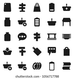 Flat vector icon set - plates vector, cutting board, jar, signpost, film frame, battery, message, table, shopping bag, basket