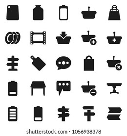 Flat vector icon set - plates vector, cutting board, jar, signpost, film frame, battery, message, table, shopping bag, basket