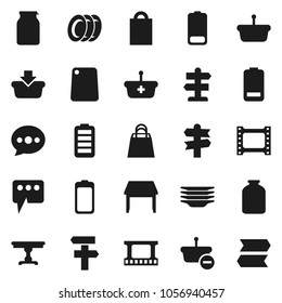 Flat vector icon set - plates vector, cutting board, jar, signpost, film frame, battery, message, table, shopping bag, basket