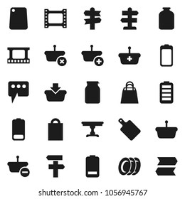 Flat vector icon set - plates vector, cutting board, jar, signpost, film frame, battery, message, table, shopping bag, basket