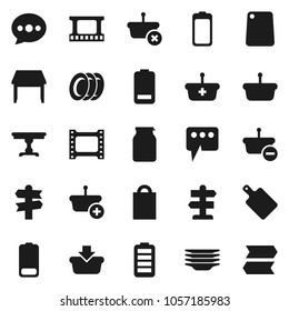 Flat vector icon set - plates vector, cutting board, jar, signpost, film frame, battery, message, table, shopping bag, basket