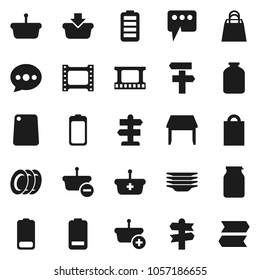 Flat vector icon set - plates vector, cutting board, jar, signpost, film frame, battery, message, table, shopping bag, basket