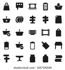 Flat vector icon set - plates vector, cutting board, jar, signpost, film frame, battery, message, table, shopping bag, basket