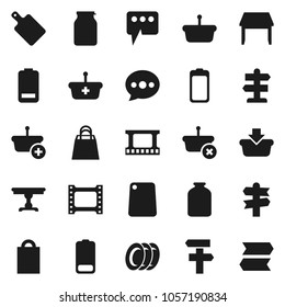 Flat vector icon set - plates vector, cutting board, jar, signpost, film frame, battery, message, table, shopping bag, basket