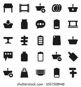 Flat vector icon set - plates vector, cutting board, jar, signpost, film frame, battery, message, table, shopping bag, basket