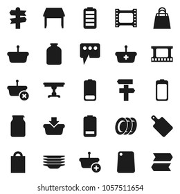 Flat vector icon set - plates vector, cutting board, jar, signpost, film frame, battery, message, table, shopping bag, basket