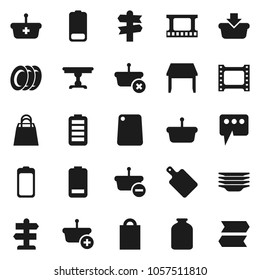 Flat vector icon set - plates vector, cutting board, jar, signpost, film frame, battery, message, table, shopping bag, basket
