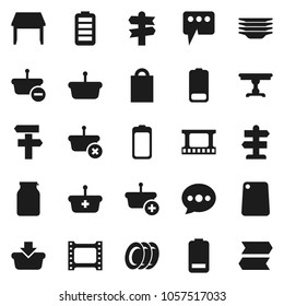 Flat vector icon set - plates vector, cutting board, jar, signpost, film frame, battery, message, table, shopping bag, basket