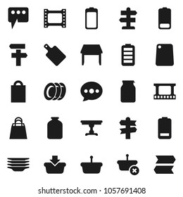 Flat vector icon set - plates vector, cutting board, jar, signpost, film frame, battery, message, table, shopping bag, basket