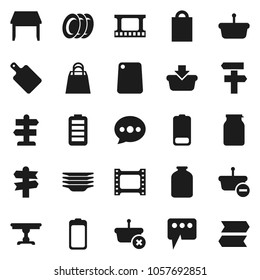 Flat vector icon set - plates vector, cutting board, jar, signpost, film frame, battery, message, table, shopping bag, basket