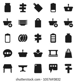 Flat vector icon set - plates vector, cutting board, jar, signpost, film frame, battery, message, table, shopping bag, basket