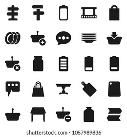Flat vector icon set - plates vector, cutting board, jar, signpost, film frame, battery, message, table, shopping bag, basket