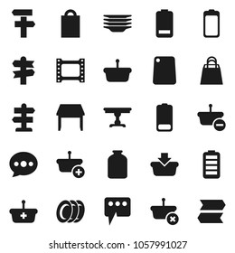 Flat vector icon set - plates vector, cutting board, jar, signpost, film frame, battery, message, table, shopping bag, basket