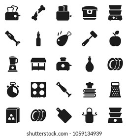 Flat vector icon set - plates vector, oil, apron, cook timer, meat hammer, cutting board, grater, toaster, oven, double boiler, cookbook, blender, cereal, chicken leg, apple fruit, broken bone