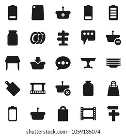Flat vector icon set - plates vector, cutting board, jar, signpost, film frame, battery, message, table, shopping bag, basket