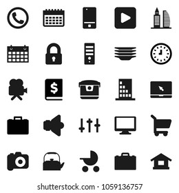 Flat vector icon set - plates vector, kettle, case, annual report, clock, calendar, camera, speaker, settings, video, mobile phone, monitor, notebook pc, play button, office building, lock, cart