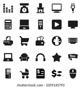 Flat vector icon set - plates vector, scales, notebook pc, world, exchange, annual report, calculator, equalizer, headphones, play button, cushioned furniture, fireplace, new, cart, baby stroller