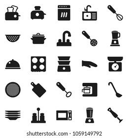 Flat vector icon set - plates vector, sink, water tap, pan, colander, cook glove, whisk, skimmer, ladle, cutting board, microwave oven, double boiler, spices, sieve, dish, dishwasher, coffee maker