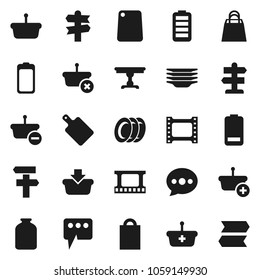 Flat vector icon set - plates vector, cutting board, jar, signpost, film frame, battery, message, table, shopping bag, basket