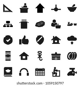 Flat vector icon set - plates vector, cookbook, pasta, steak, university, corner ruler, student, arrow up, hierarchy, calendar, port, no hook, protected, headphones, finger, mortar, connect, shield