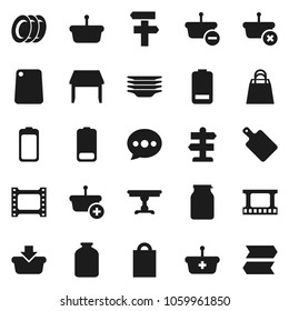 Flat vector icon set - plates vector, cutting board, jar, signpost, film frame, battery, message, table, shopping bag, basket