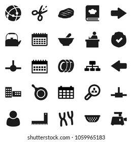 Flat vector icon set - plates vector, pan, kettle, colander, cookbook, steak, school building, corner ruler, student, hierarchy, calendar, protected, mortar, chromosomes, connect, connection, arrow