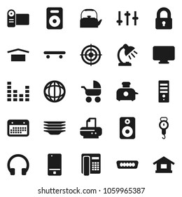 Flat vector icon set - plates vector, kettle, scales, table lamp, world, skateboard, target, calendar, dry cargo, settings, equalizer, mobile phone, headphones, speaker, hdmi, lock, baby stroller