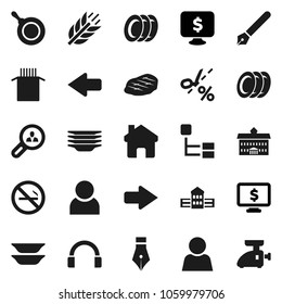 Flat vector icon set - plates vector, pan, pasta, steak, pen, university, school building, monitor dollar, cereals, no smoking, headphones, home, arrow, hierarchy, user, client search, coupon