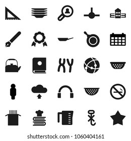 Flat vector icon set - plates vector, pan, kettle, colander, measuring cup, cookbook, pasta, pen, school building, corner ruler, medal, man, calendar, no smoking, hook, headphones, chromosomes, star