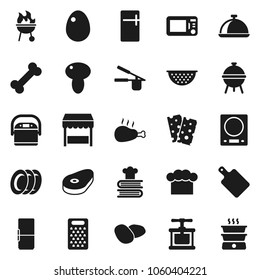 Flat vector icon set - plates vector, colander, cook hat, press, cutting board, grater, cookbook, bbq, dish, egg, mushroom, potato, steak, chicken leg, breads, bone, fridge, market, multi cooker