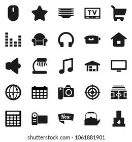 Flat vector icon set - plates vector, kettle, table lamp, music, calculator, calendar, stadium, target, speaker, equalizer, tv, video camera, internet, headphones, monitor, barn, cushioned furniture