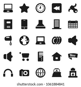 Flat vector icon set - plates vector, kettle, mixer, copybook, notebook pc, world, clock, calendar, satellite, speaker, internet, mobile phone, headphones, backward button, building, star, new, cart