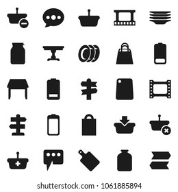 Flat vector icon set - plates vector, cutting board, jar, signpost, film frame, battery, message, table, shopping bag, basket