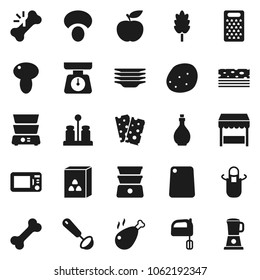 Flat vector icon set - plates vector, oil, scales, apron, ladle, cutting board, grater, mixer, double boiler, spices, cereal, mushroom, potato, chicken leg, diet, breads, bone, broken, market