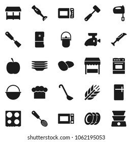 Flat vector icon set - plates vector, camping cauldron, cook hat, skimmer, spatula, ladle, meat hammer, mixer, microwave oven, blender, potato, diet, cereals, market, fridge, grinder, double boiler