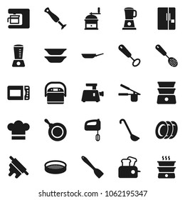 Flat vector icon set - plates vector, pan, cook hat, press, whisk, skimmer, spatula, ladle, rolling pin, hand mill, double boiler, sieve, fridge, mixer, coffee maker, meat grinder, multi cooker