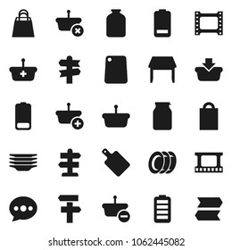 Flat vector icon set - plates vector, cutting board, jar, signpost, film frame, battery, message, table, shopping bag, basket