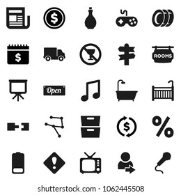 Flat vector icon set - plates vector, oil, presentation, music, archive, exchange, dollar coin, calendar, no alcohol sign, signpost, delivery, newspaper, tv, gamepad, battery, network, connection