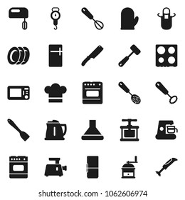 Flat vector icon set - plates vector, kettle, scales, cook hat, apron, glove, press, whisk, skimmer, spatula, knife, meat hammer, hand mill, oven, fridge, mixer, coffee maker, grinder, hood, blender