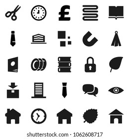 Flat vector icon set - plates vector, towel, book, magnet, scissors, leaf, clock, tie, pound, package, dialog, eye, home, loading, office building, catalog, lock