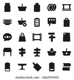 Flat vector icon set - plates vector, cutting board, jar, signpost, film frame, battery, message, table, shopping bag, basket