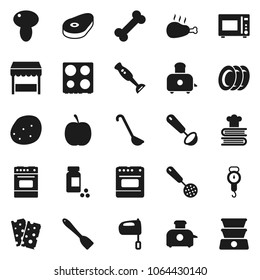 Flat vector icon set - plates vector, scales, skimmer, spatula, ladle, mixer, toaster, microwave oven, cookbook, blender, mushroom, potato, steak, chicken leg, diet, pills vial, breads, bone, market