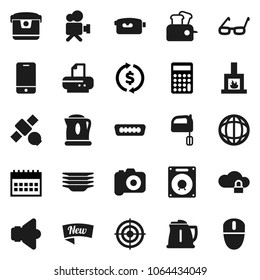 Flat vector icon set - plates vector, kettle, mixer, glasses, world, exchange, calculator, calendar, target, satellite, camera, speaker, video, mobile phone, hdmi, cloud lock, fireplace, new, mouse
