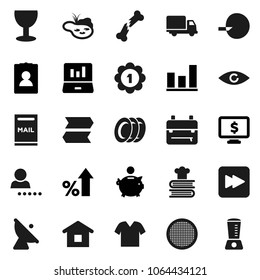 Flat vector icon set - plates vector, cookbook, sieve, backpack, graph, laptop, percent growth, piggy bank, personal information, monitor dollar, medal, delivery, satellite antenna, eye, pond