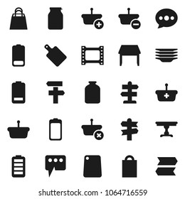 Flat vector icon set - plates vector, cutting board, jar, signpost, film frame, battery, message, table, shopping bag, basket